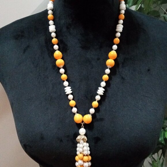 Womens Fashion White & Yellow Freshwater Pearl Beaded Fringe Collar Necklace - Picture 2 of 6